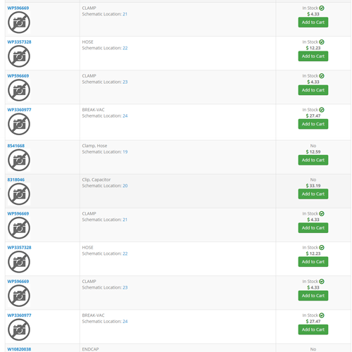 list view of all product parts of exploded view and part image